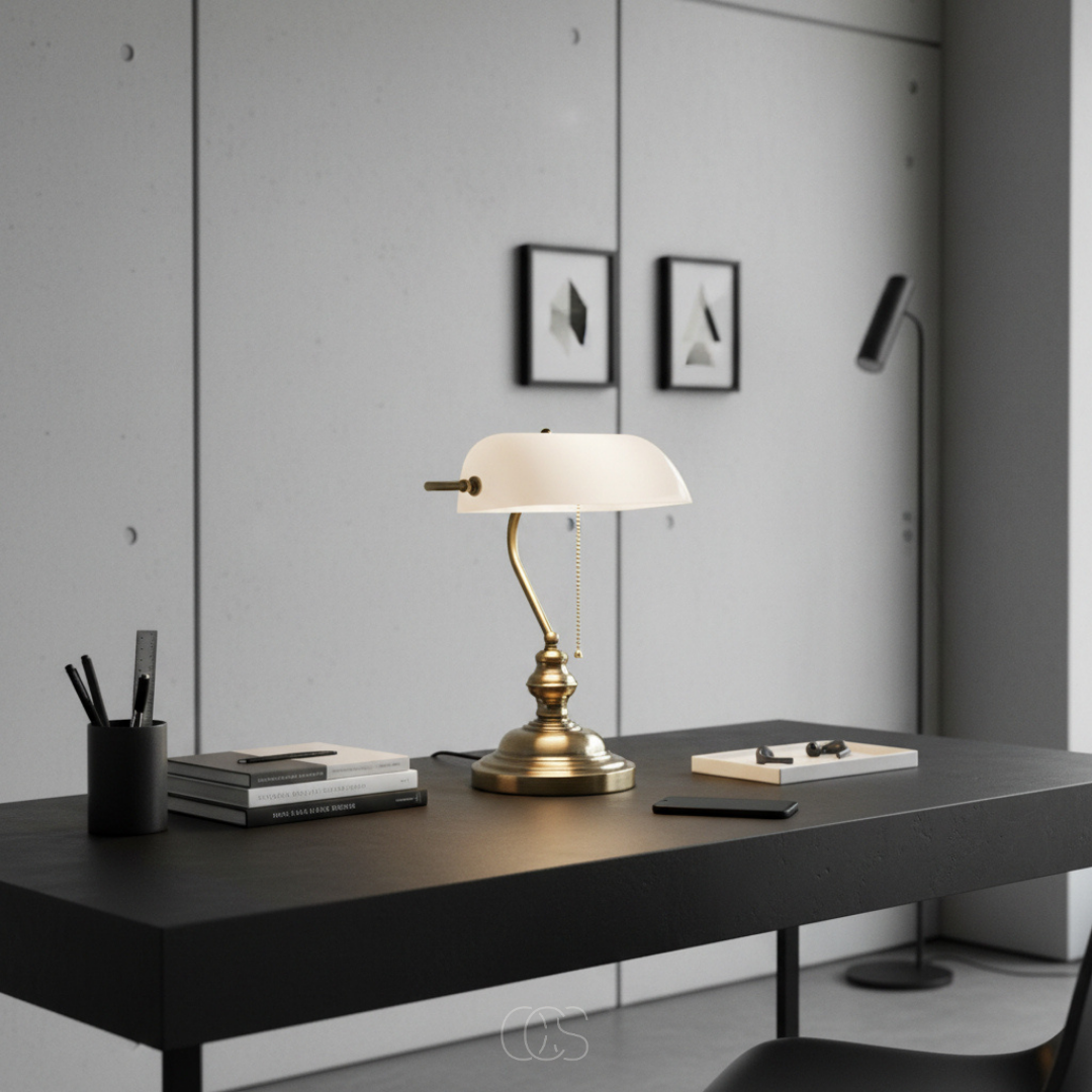Lampe de bureau classique à abat-jour blanc pivotant et pied en laiton antique style banquier rétro élégant | Koossa