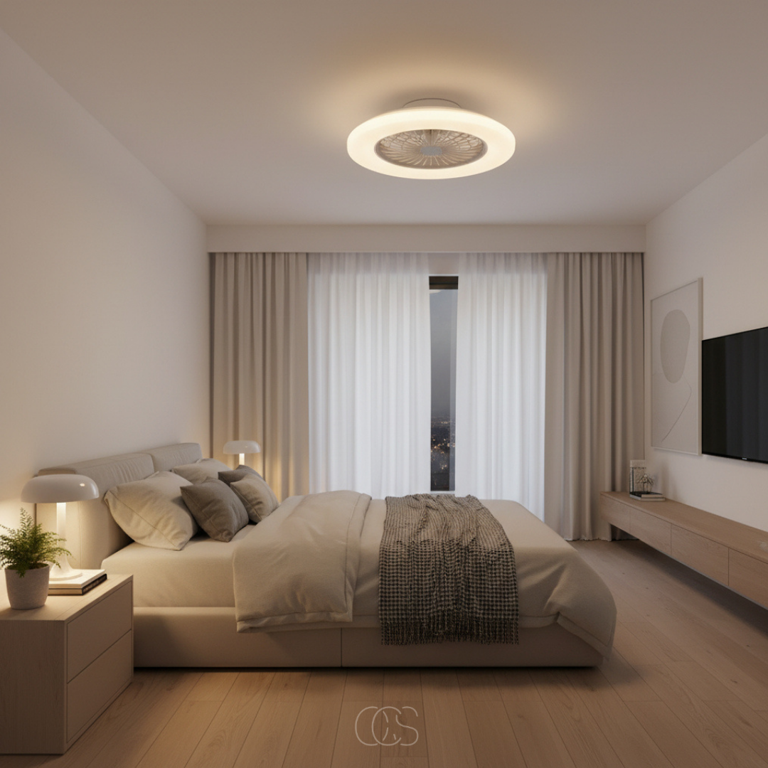 Ventilateur de plafond LED moderne avec éclairage intégré réglable dimmer silencieux blanc moteur DC économique | Koossa