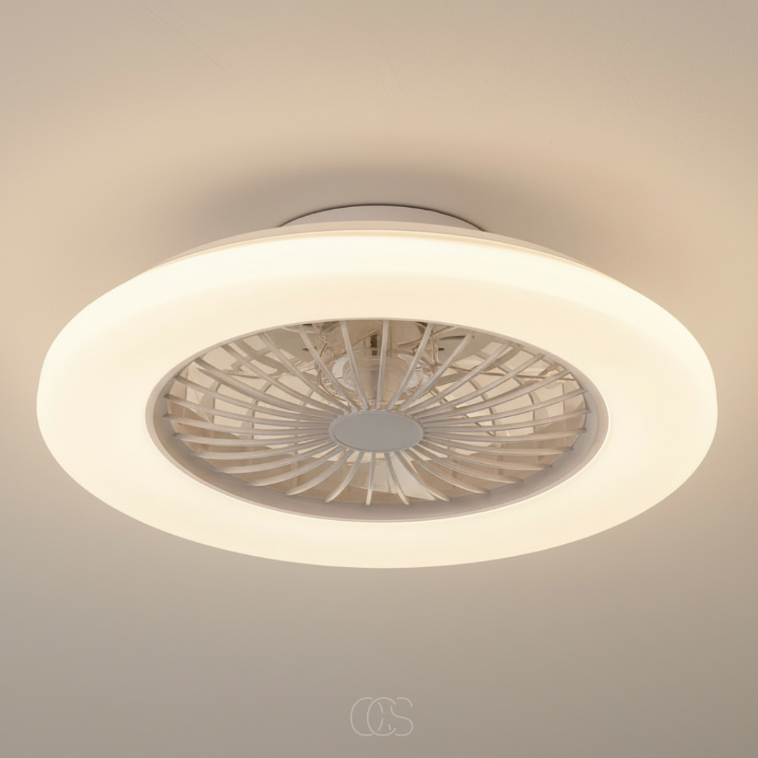 Ventilateur de plafond LED moderne avec éclairage intégré réglable dimmer silencieux blanc moteur DC économique | Koossa