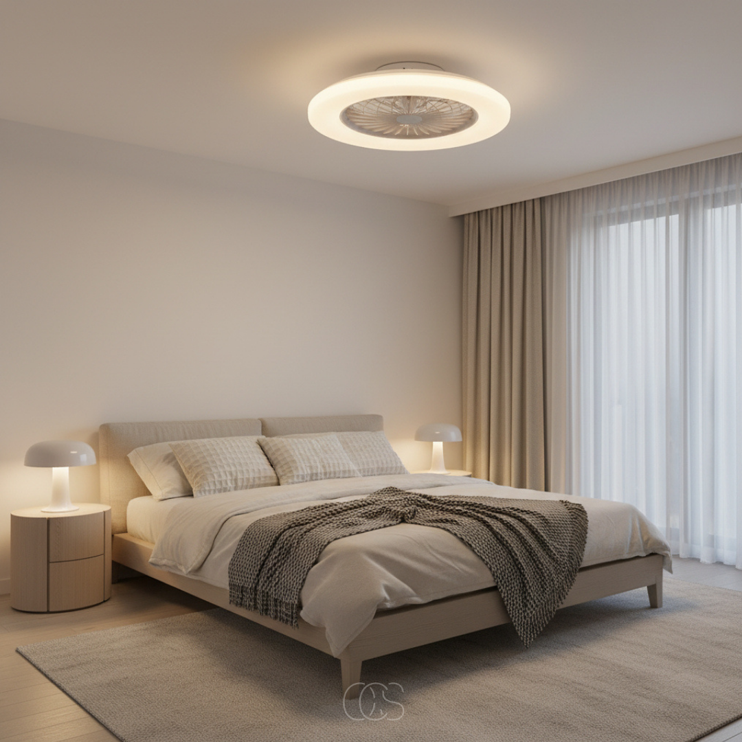 Ventilateur de plafond LED moderne avec éclairage intégré réglable dimmer silencieux blanc moteur DC économique | Koossa