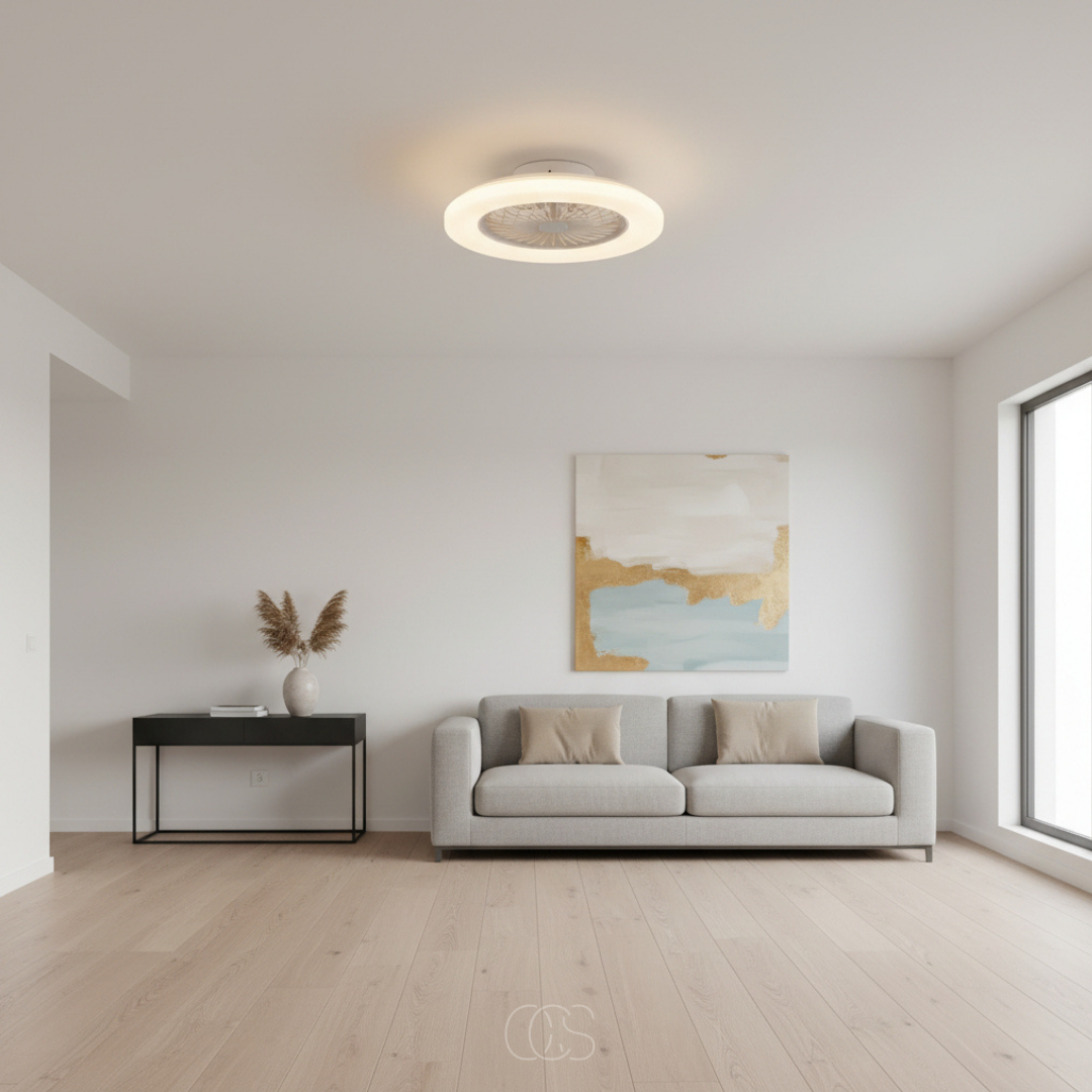 Ventilateur de plafond LED moderne avec éclairage intégré réglable dimmer silencieux blanc moteur DC économique | Koossa