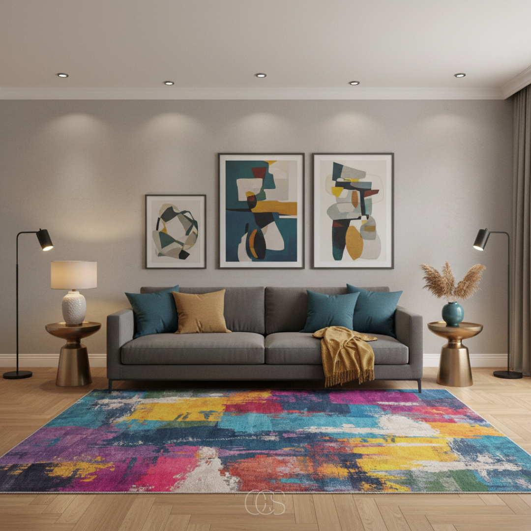 Tapis Abstract Multicolore 200×230 cm Motif Marbré Moderne Salon Chambre Design Contemporain Polyester | Koossa
