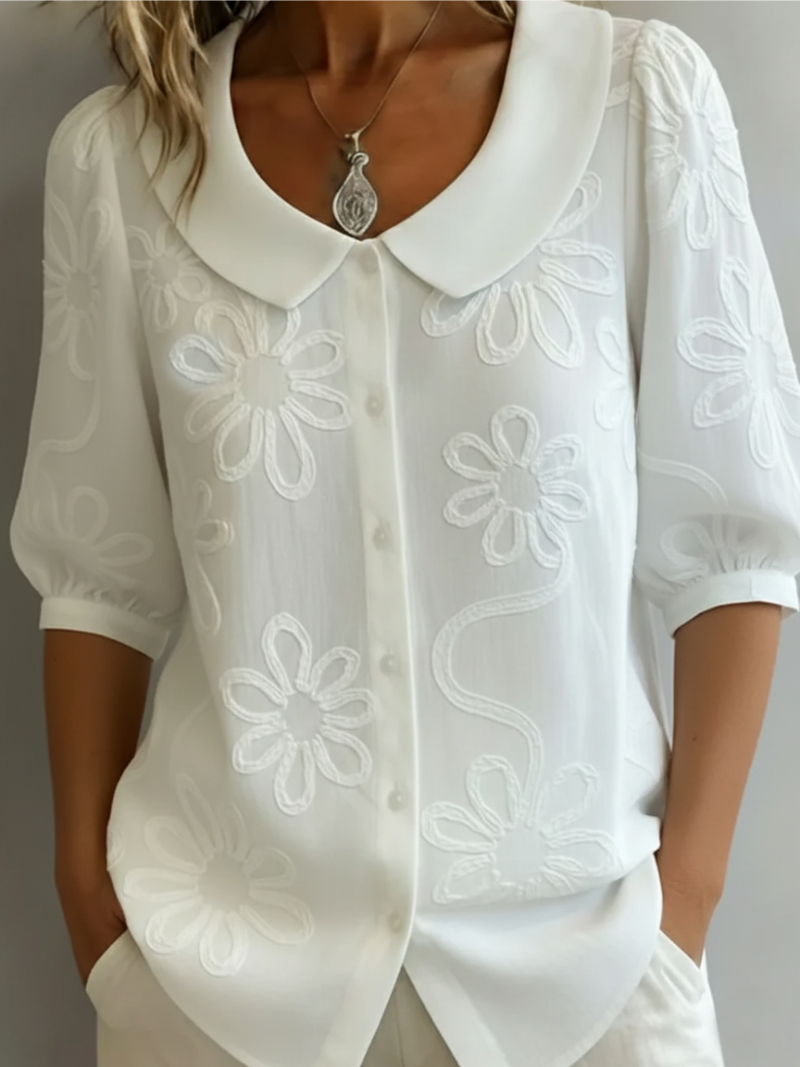 Women's Embroidered Cotton Blouse with Button-Front Detail in Yellow, White, Black, Blue & Navy | Classic Short Sleeve Floral Top | Koossa