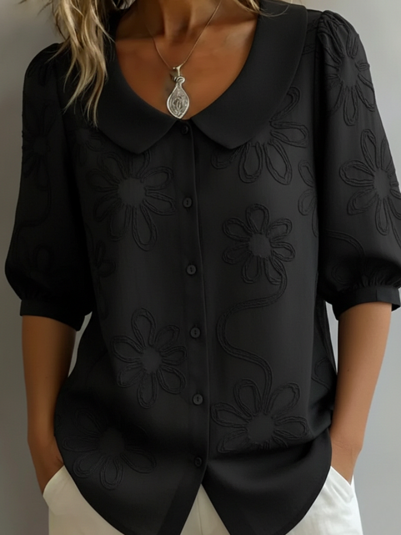Women's Embroidered Cotton Blouse with Button-Front Detail in Yellow, White, Black, Blue & Navy | Classic Short Sleeve Floral Top | Koossa