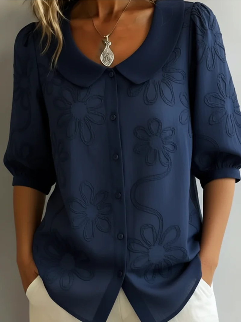 Women's Embroidered Cotton Blouse with Button-Front Detail in Yellow, White, Black, Blue & Navy | Classic Short Sleeve Floral Top | Koossa