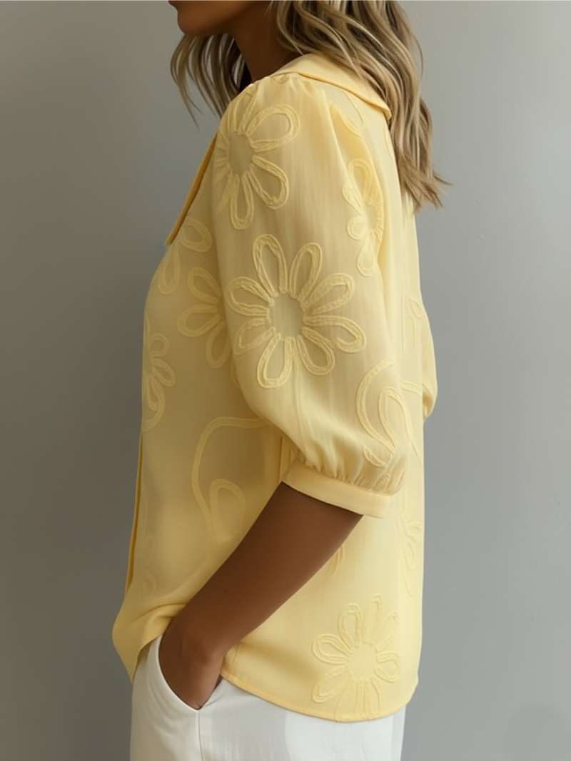 Women's Embroidered Cotton Blouse with Button-Front Detail in Yellow, White, Black, Blue & Navy | Classic Short Sleeve Floral Top | Koossa