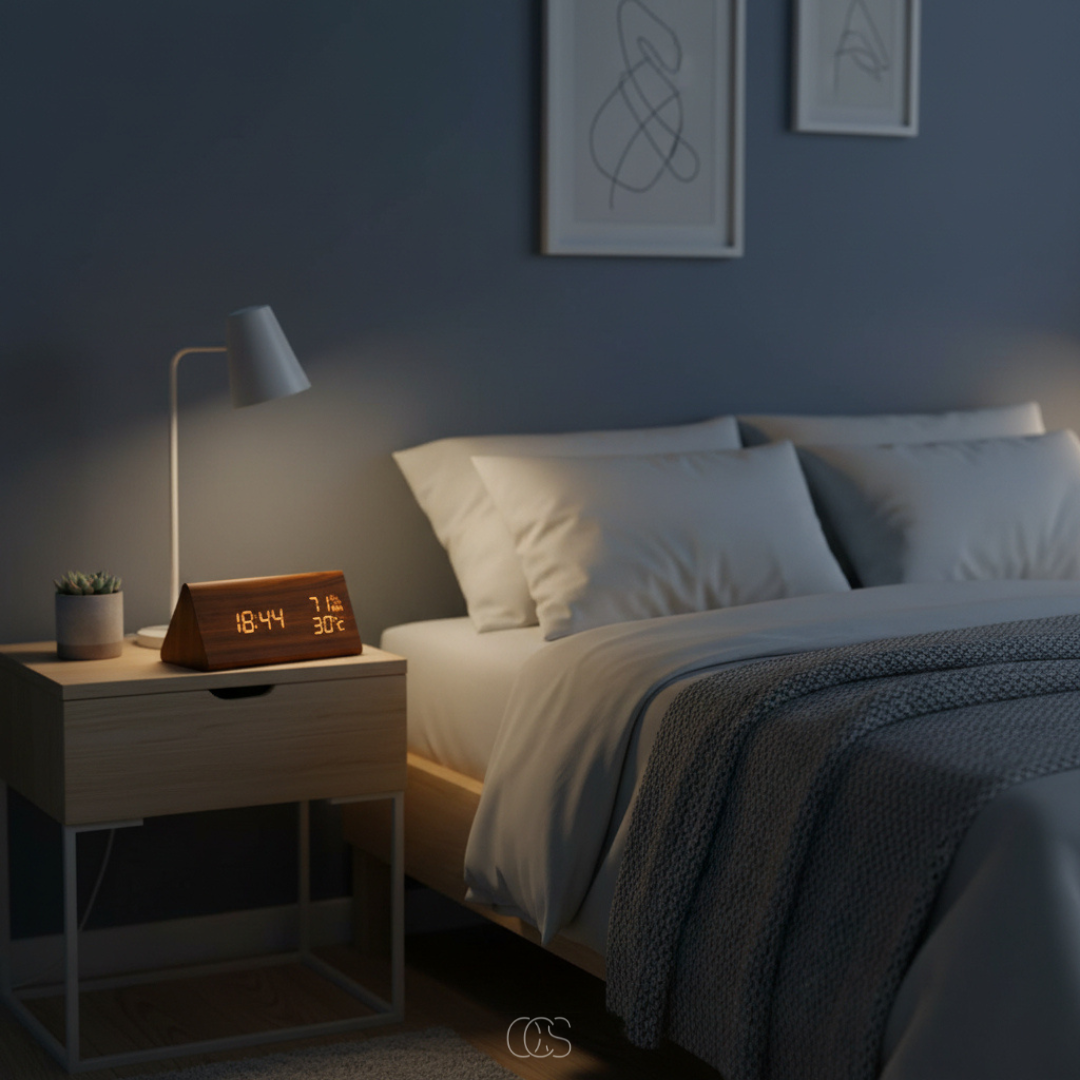 Réveil LED en Bois avec Affichage Température et Humidité – Réveil numérique silencieux à intensité variable | Koossa