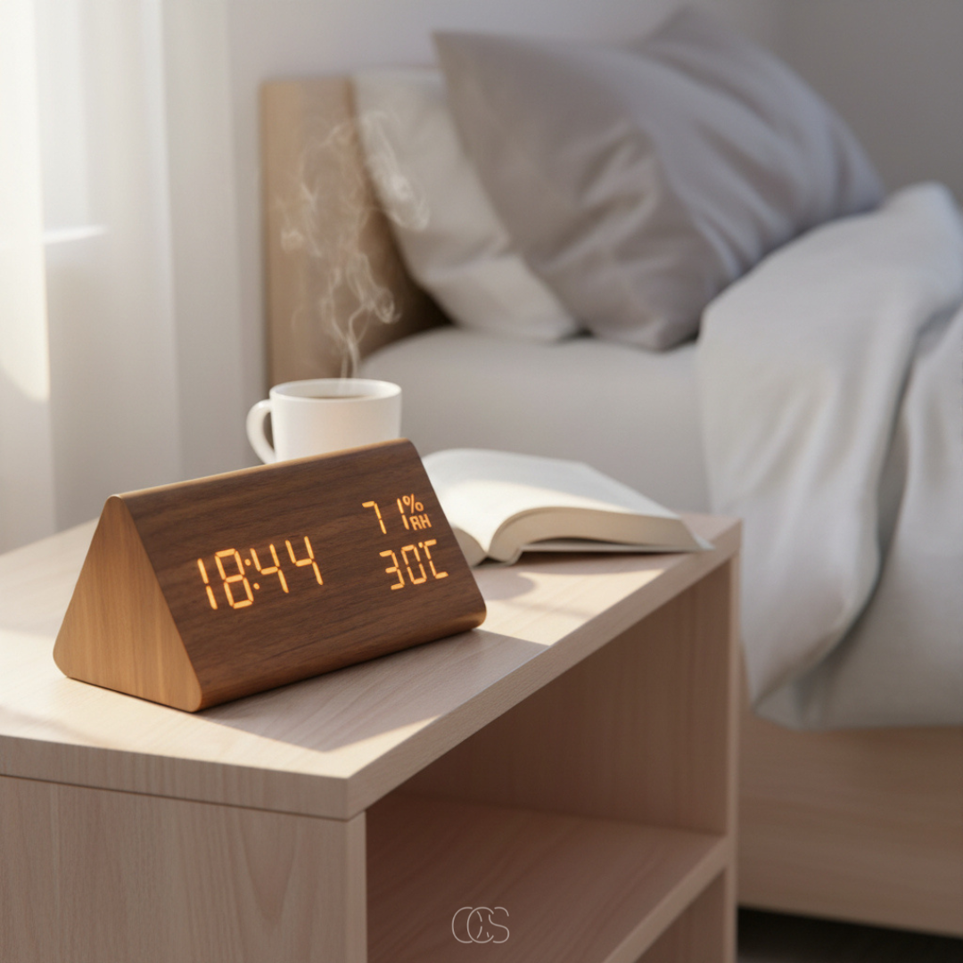 Réveil LED en Bois avec Affichage Température et Humidité – Réveil numérique silencieux à intensité variable | Koossa