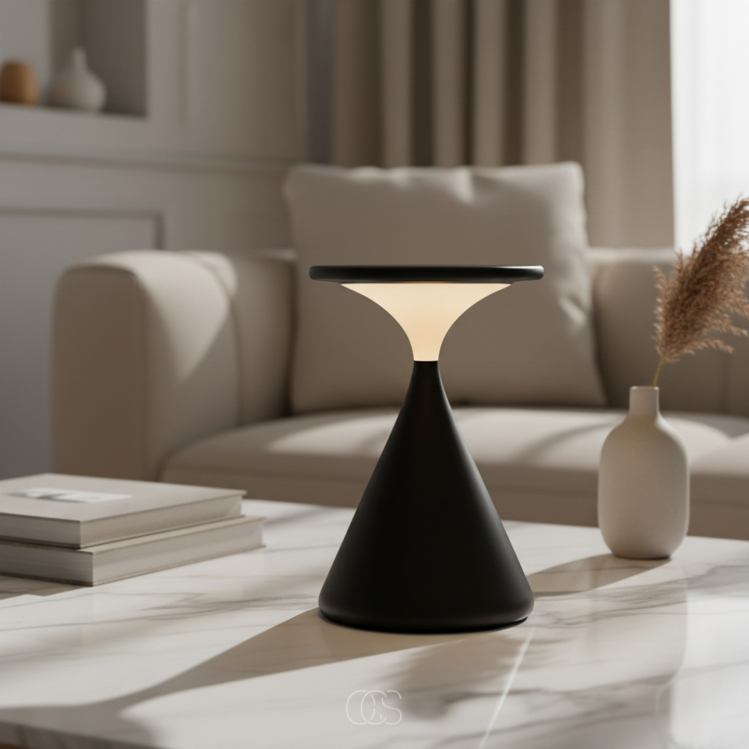Lampe de table sans fil tactile LED rechargeable USB-C design sablier en aluminium noir mat élégante d'ambiance | Koossa