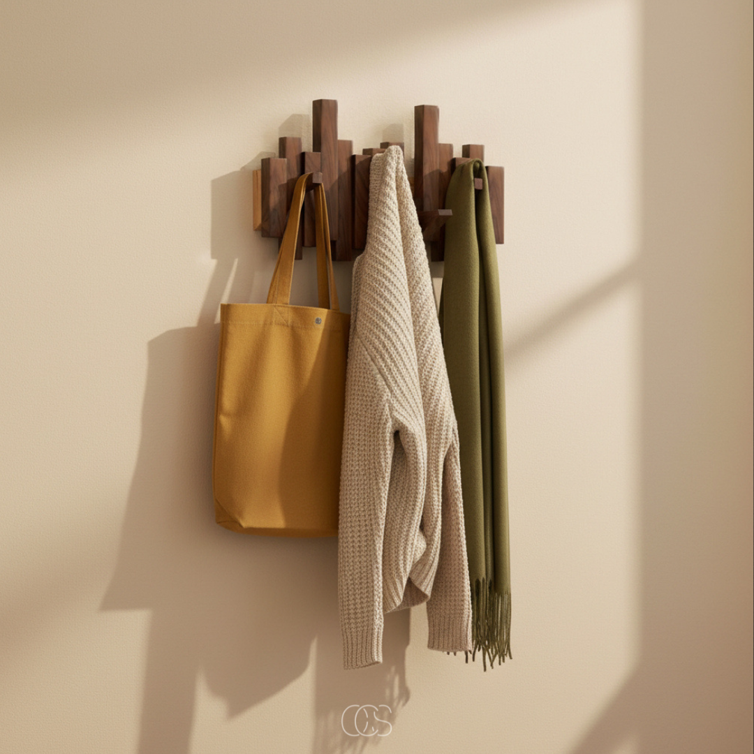 Patère murale en bois massif à crochets escamotables design touche de piano pour entrée chambre couloir | Koossa