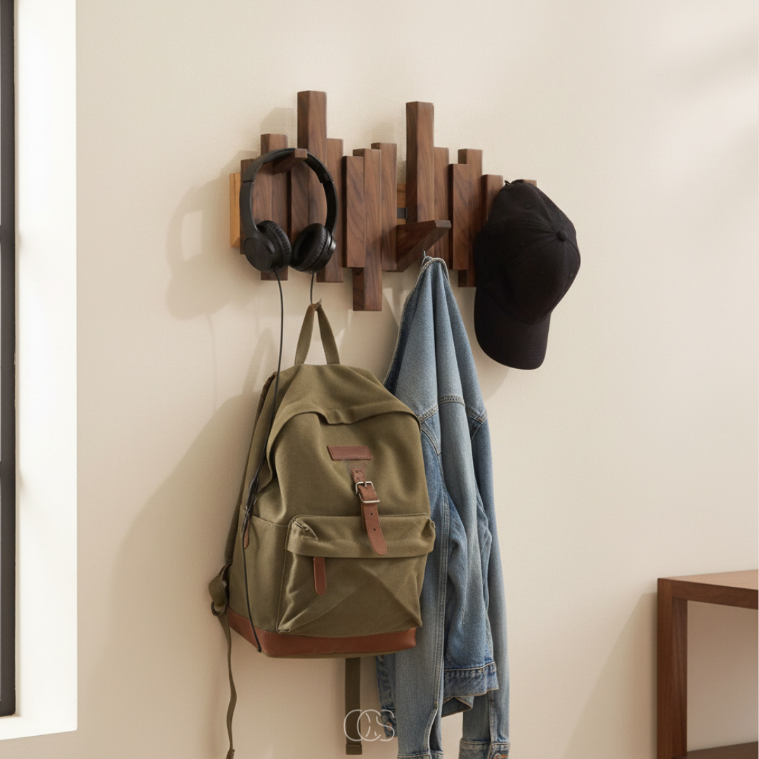 Patère murale en bois massif à crochets escamotables design touche de piano pour entrée chambre couloir | Koossa