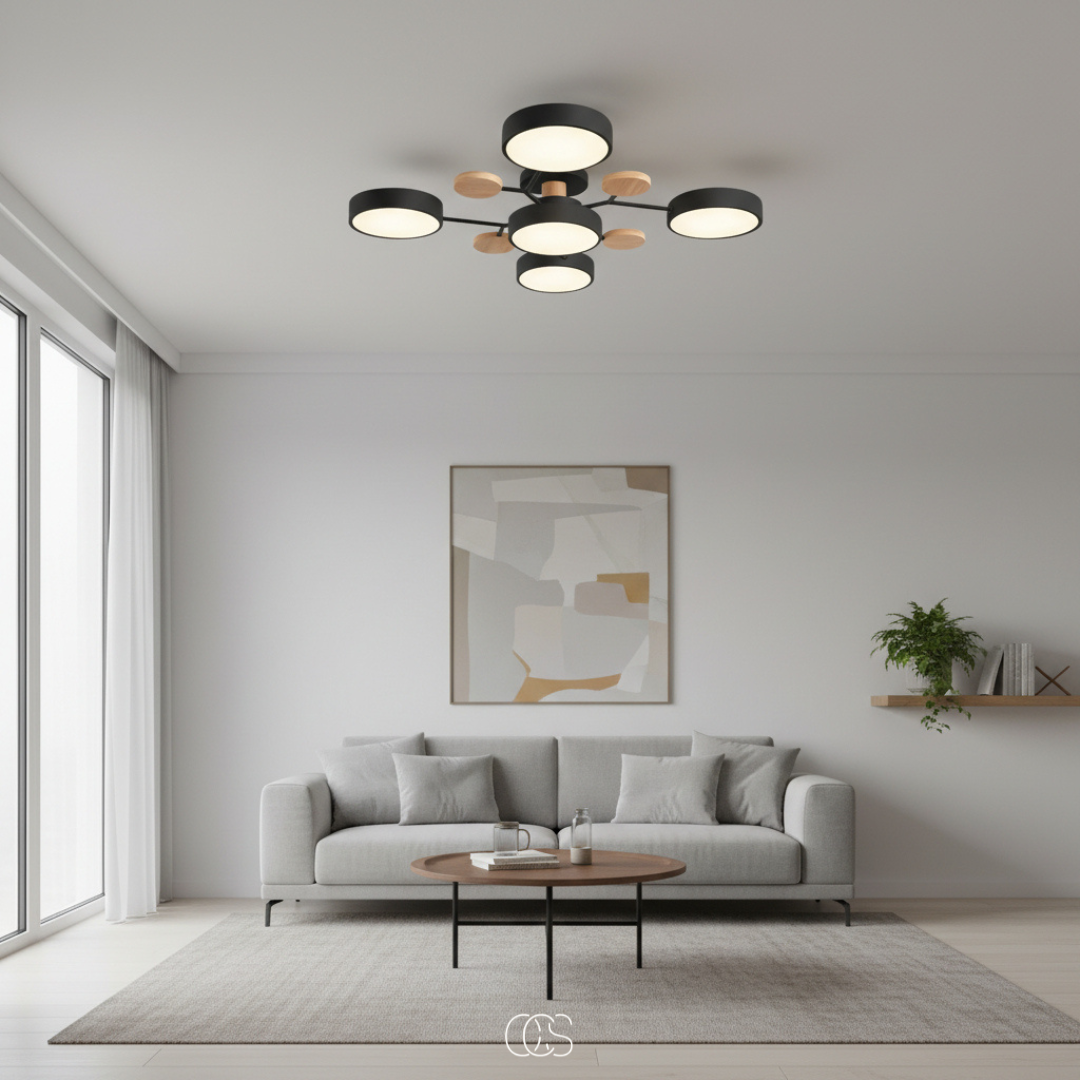 Plafonnier LED rond en métal blanc avec 4 à 6 spots orientables pour salon séjour chambre style moderne | Koossa