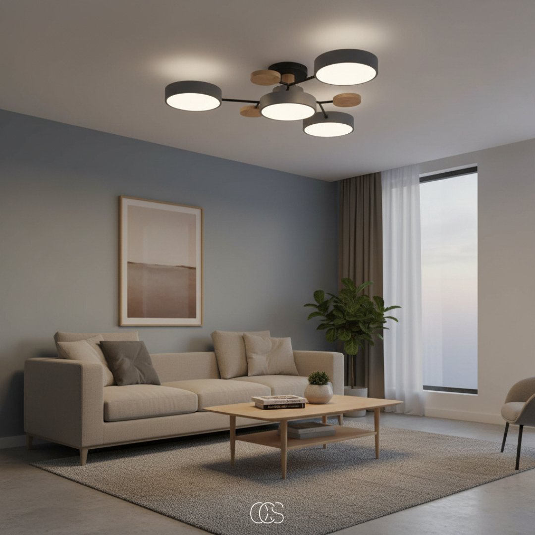 Plafonnier LED rond en métal blanc avec 4 à 6 spots orientables pour salon séjour chambre style moderne | Koossa