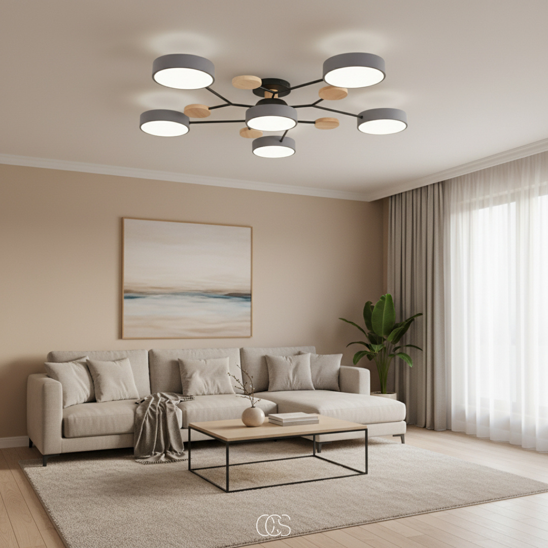 Plafonnier LED rond en métal blanc avec 4 à 6 spots orientables pour salon séjour chambre style moderne | Koossa