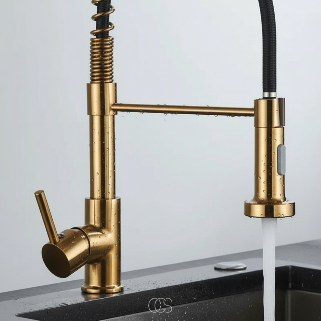 Mitigeur de cuisine professionnel avec douchette extractible col rotatif 360° en laiton acier inoxydable | Koossa