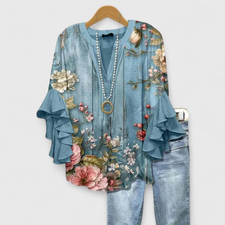Women's Layered Ruffle Sleeve Blouse in Floral Print | Flowing Fit Feminine Top | Koossa