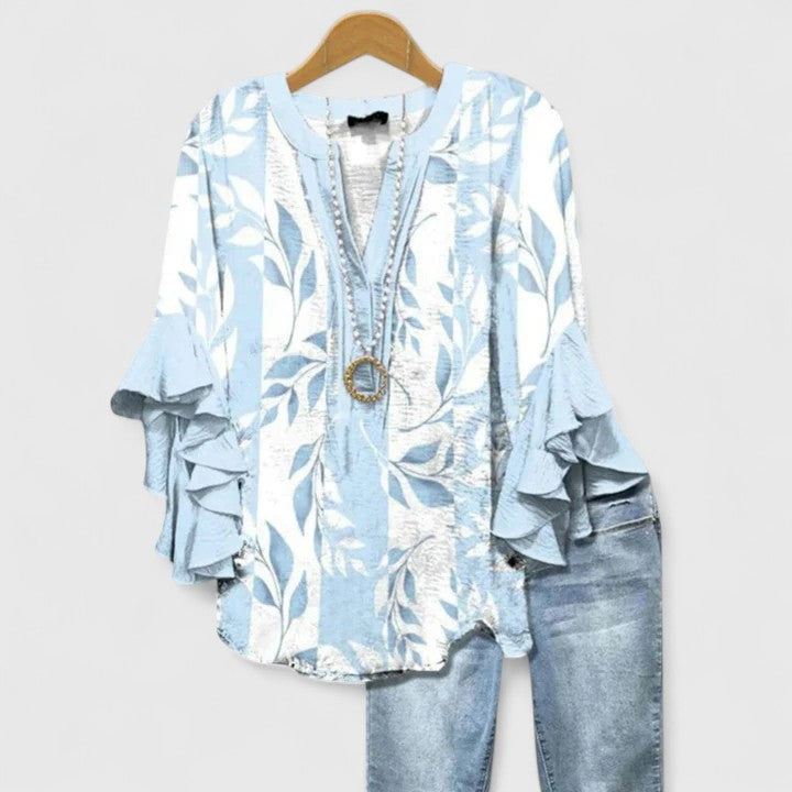 Women's Layered Ruffle Sleeve Blouse in Floral Print | Flowing Fit Feminine Top | Koossa
