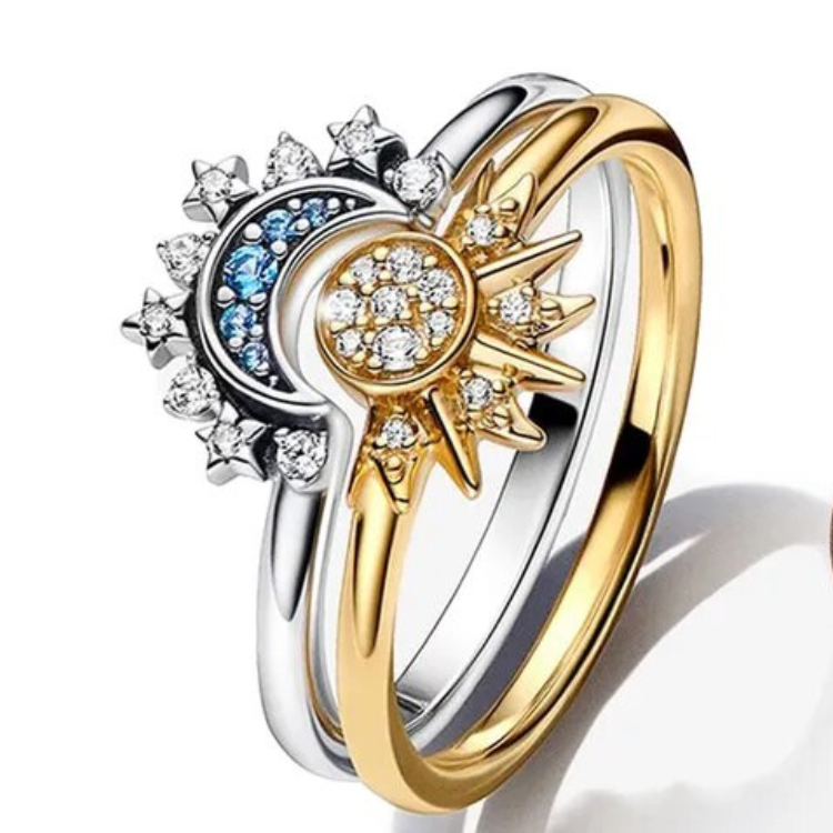 Women's Sterling Silver Sun & Moon Crystal Ring Set — Celestial Statement Ring for Special Occasions | Koossa