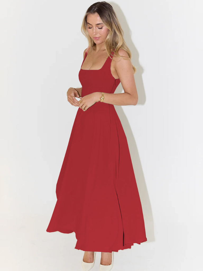 Women's Tailored Midi Dress with Square Neckline — Elegant Summer Wedding Guest Dress & Garden Party Outfit | Koossa