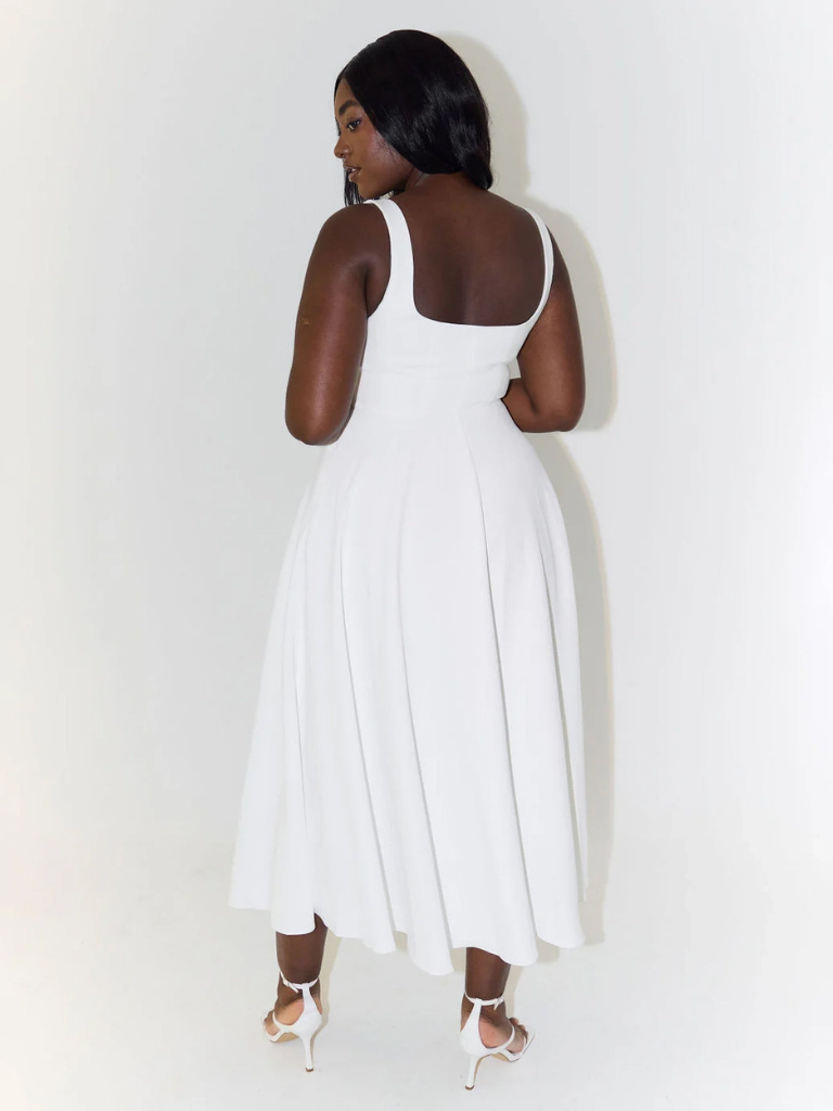 Women's Tailored Midi Dress with Square Neckline — Elegant Summer Wedding Guest Dress & Garden Party Outfit | Koossa