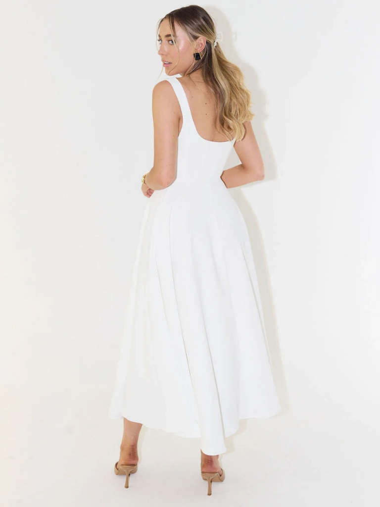 Women's Tailored Midi Dress with Square Neckline — Elegant Summer Wedding Guest Dress & Garden Party Outfit | Koossa