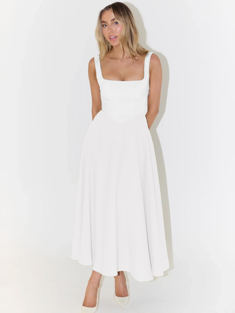 Women's Tailored Midi Dress with Square Neckline — Elegant Summer Wedding Guest Dress & Garden Party Outfit | Koossa