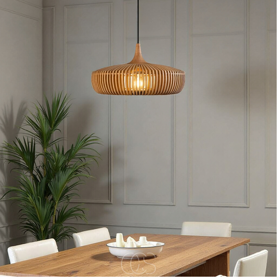 Suspension en bois naturel style Japandi épuré pour salle à manger salon chambre ambiance chaleureuse | Koossa