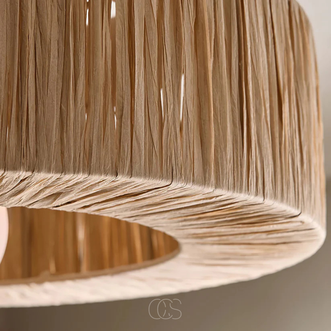 Plafonnier rond en rotin tressé main ambiance naturelle boho scandinave éclairage salon chambre style artisanal | Koossa