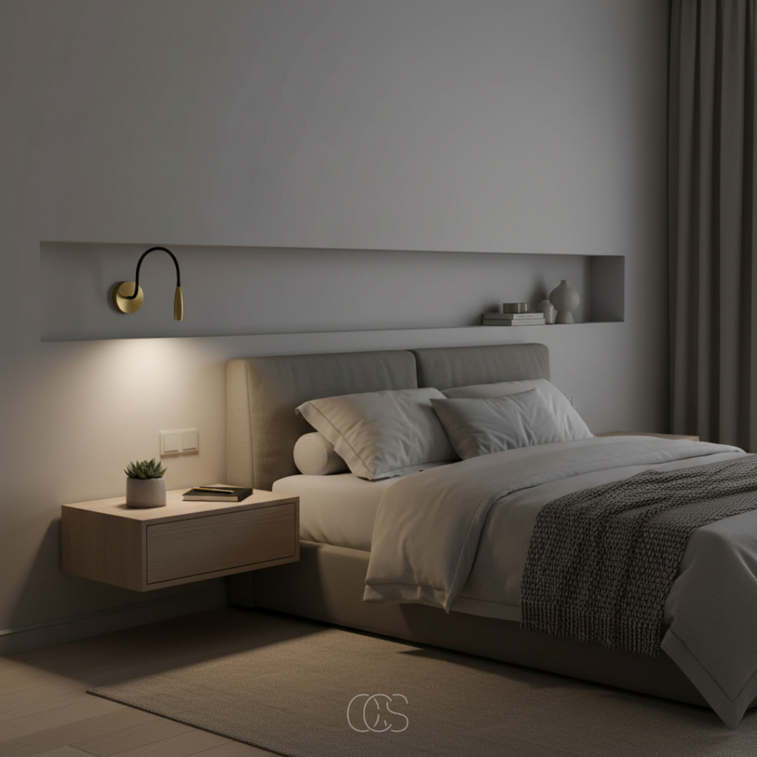 Applique liseuse LED orientable en métal doré pour chevet et fauteuil de lecture avec bras flexible et éclairage | Koossa