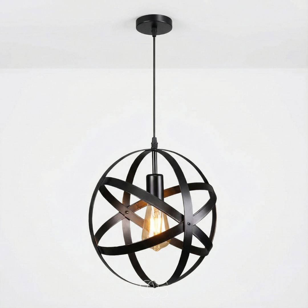 Suspension industrielle en métal noir ajouré Ø 30 cm pour salle à manger cuisine luminaire style loft | Koossa