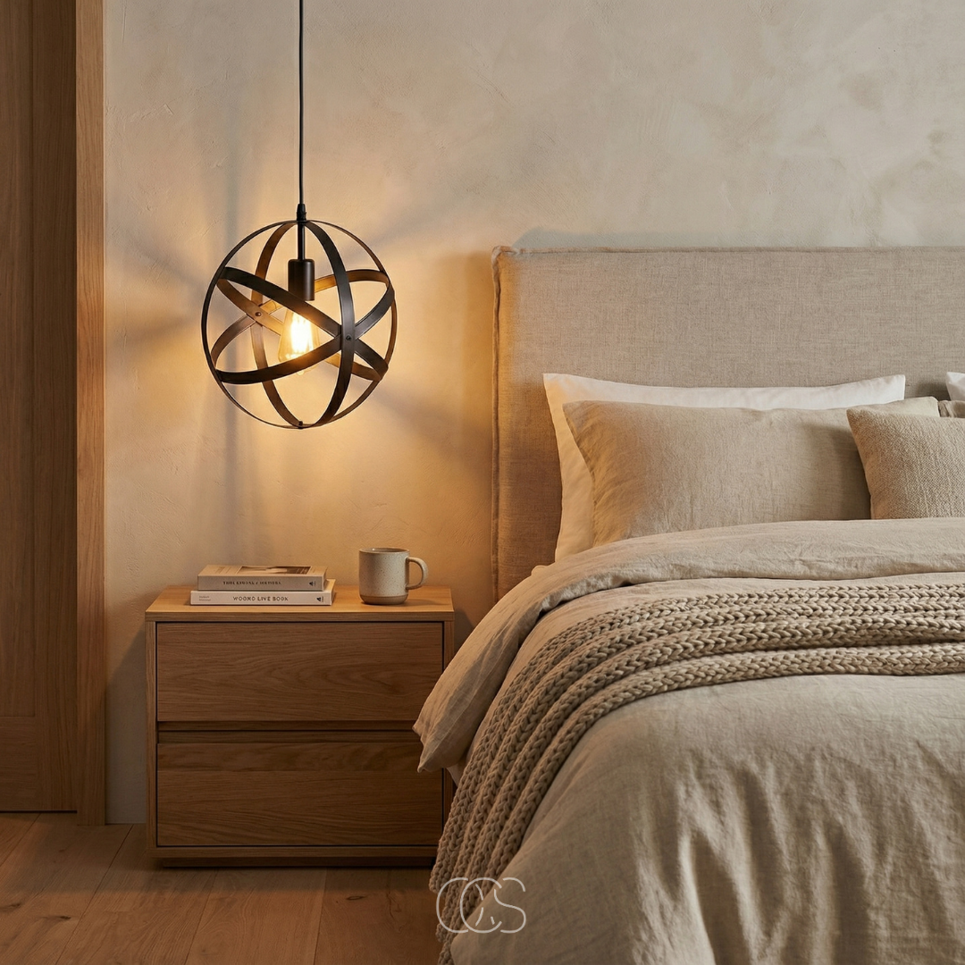 Suspension industrielle en métal noir ajouré Ø 30 cm pour salle à manger cuisine luminaire style loft | Koossa