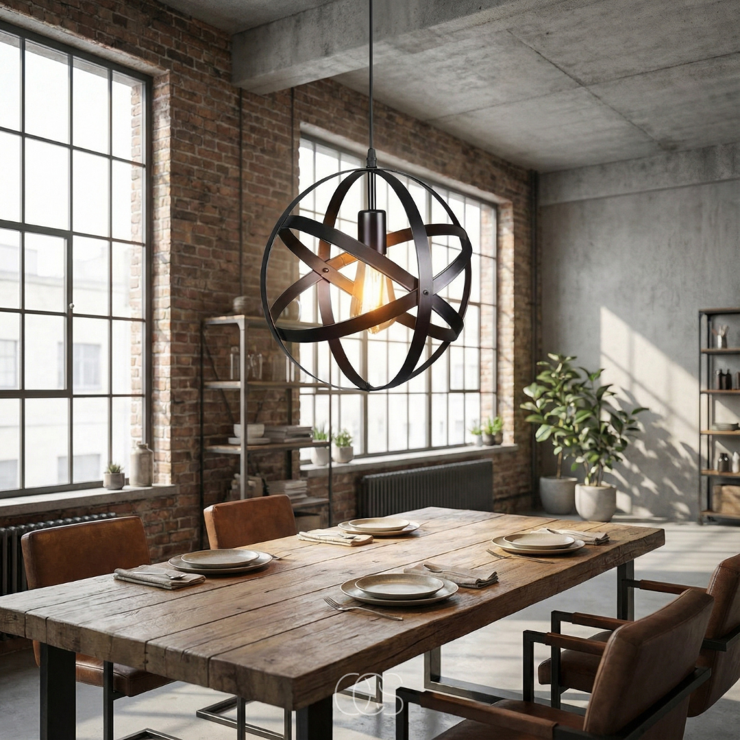 Suspension industrielle en métal noir ajouré Ø 30 cm pour salle à manger cuisine luminaire style loft | Koossa