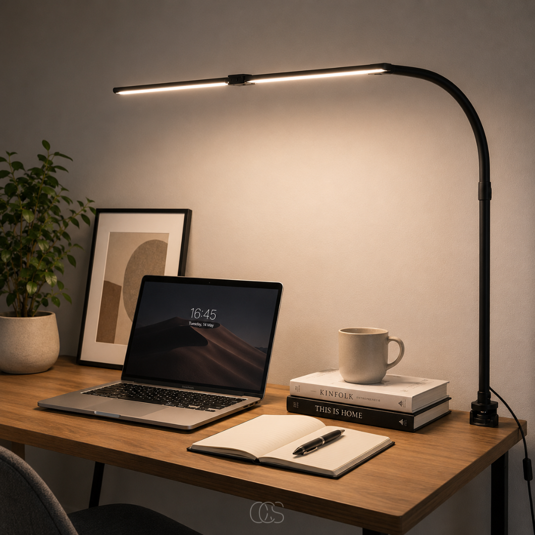 Lampe de bureau LED à pince articulée avec variateur tactile 3 températures de lumière réglables pour travail | Koossa