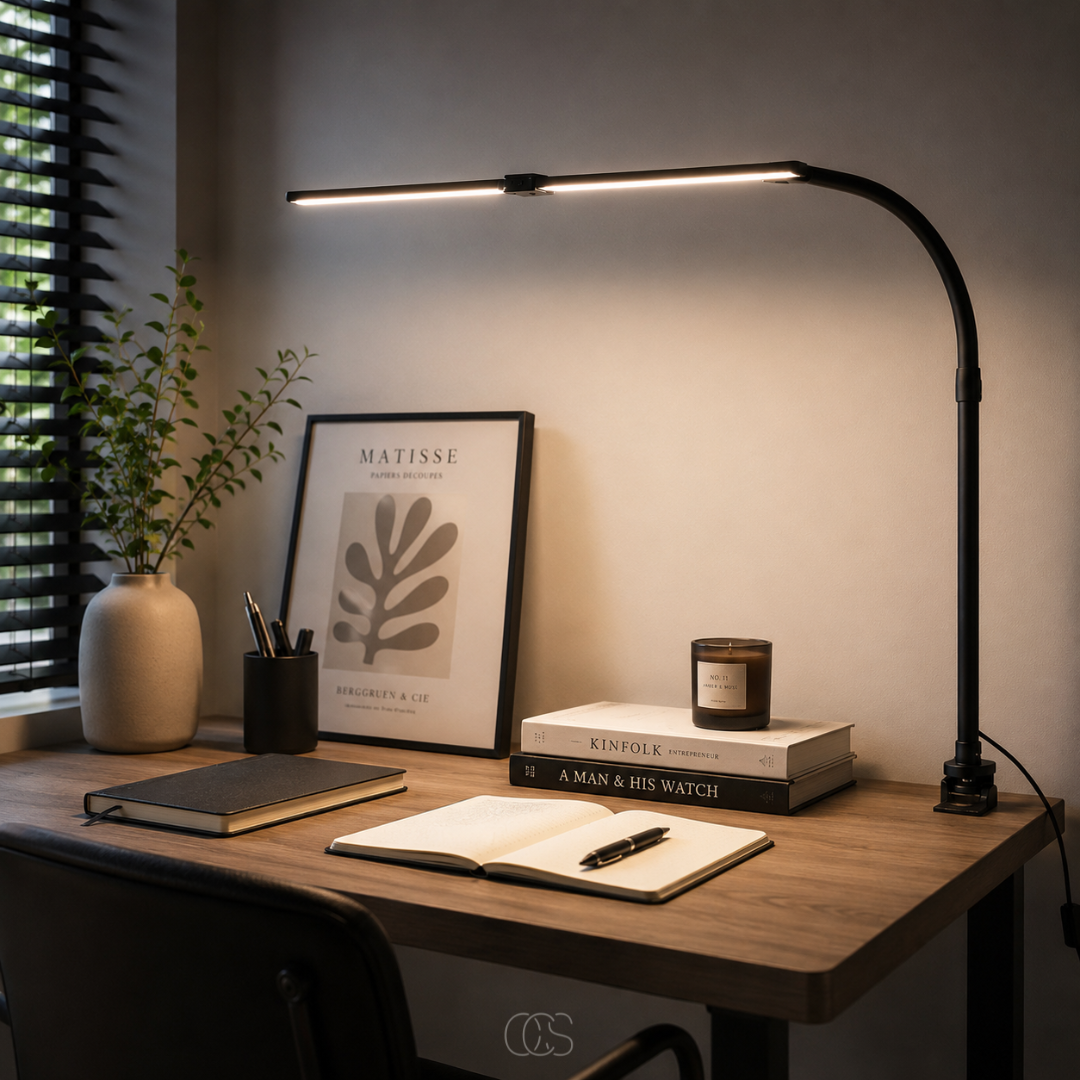 Lampe de bureau LED à pince articulée avec variateur tactile 3 températures de lumière réglables pour travail | Koossa