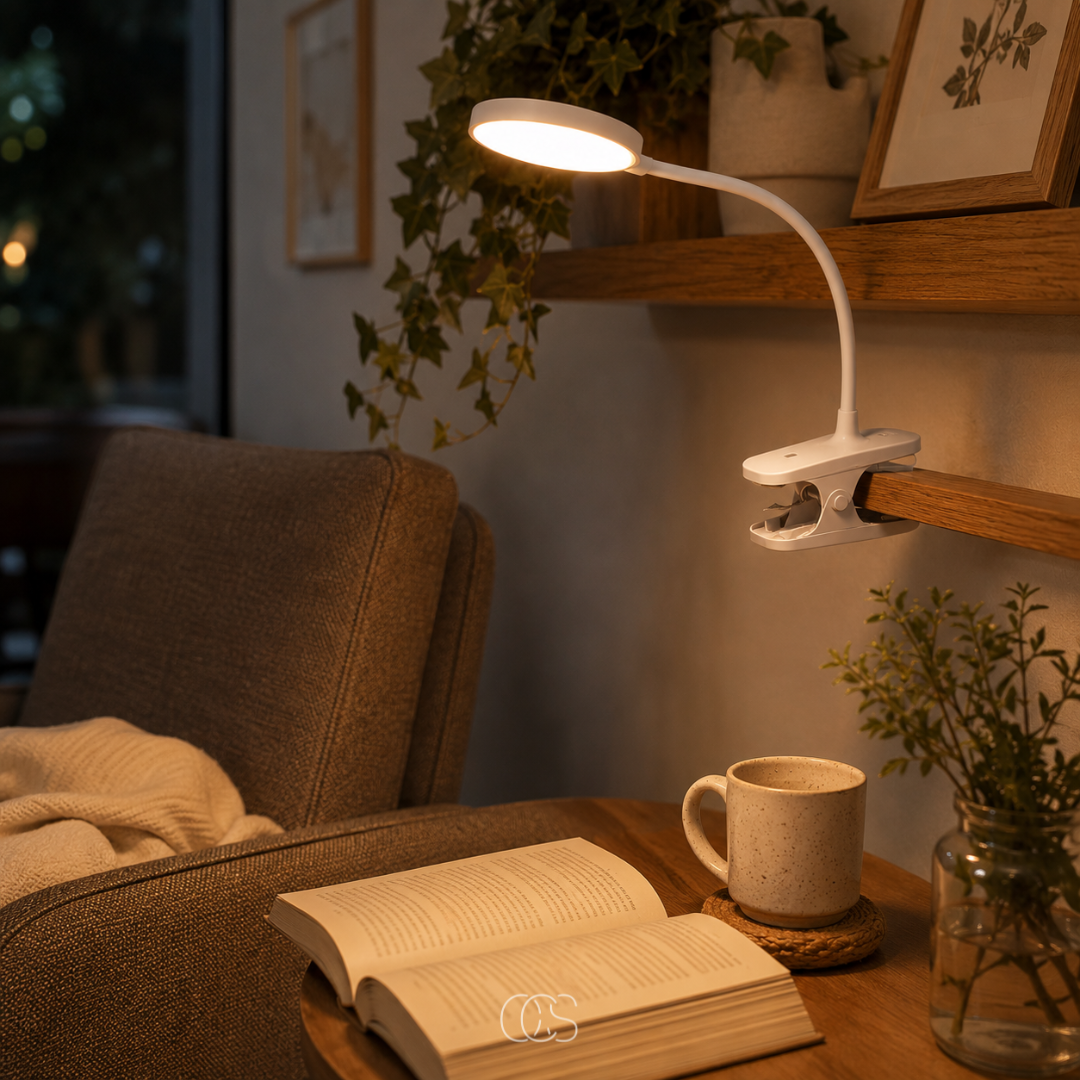Lampe à pince rechargeable col flexible 360° sans fil LED blanc lumière lecture bureau chevet nomade portable | Koossa