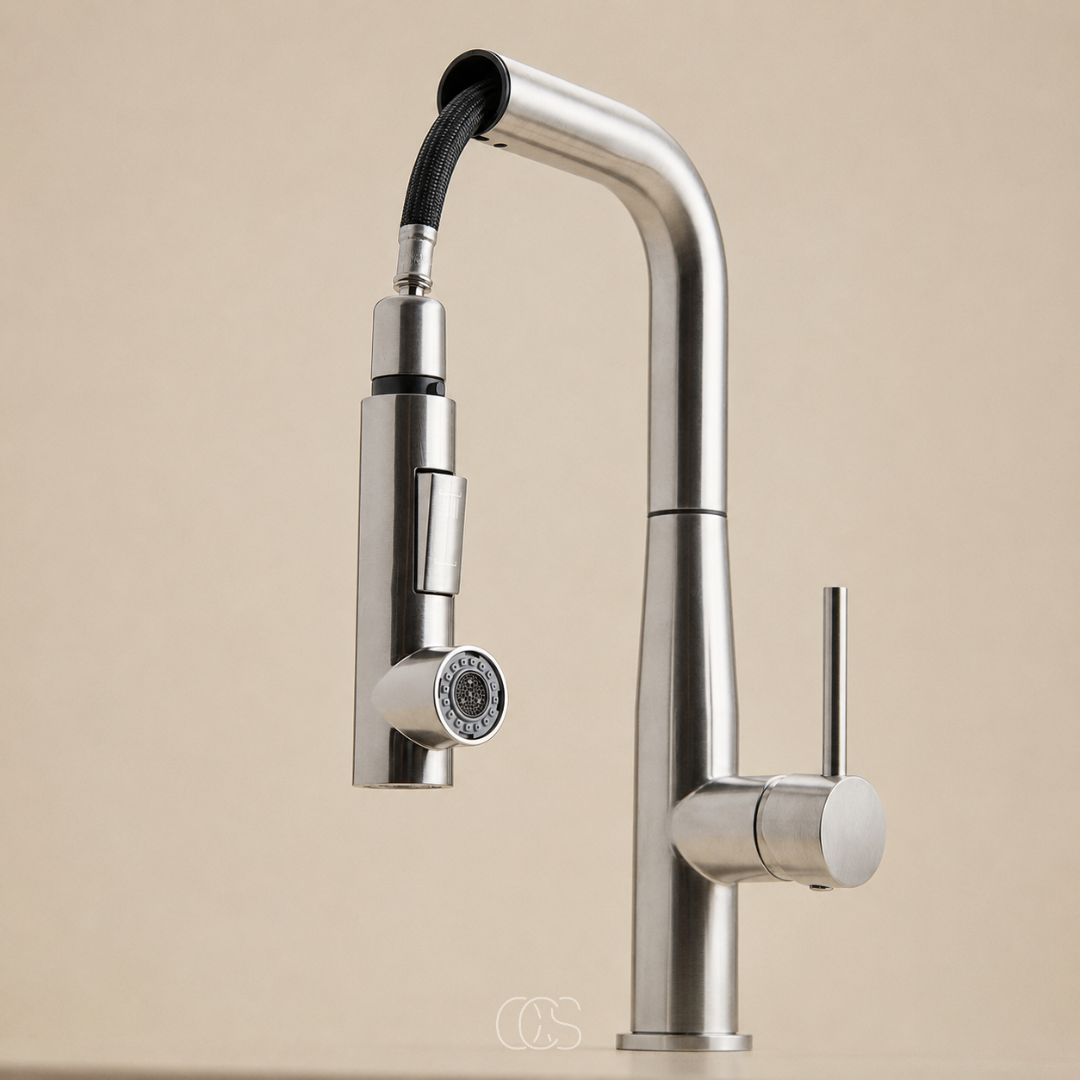 Mitigeur de cuisine en inox brossé avec douchette extractible haute – finition mate sobre et robuste pour évier | Koossa