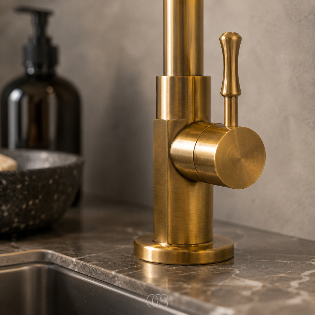 Mitigeur de cuisine rétro pivotant en laiton patiné avec bec haut pour évier encastré style vintage classique | Koossa