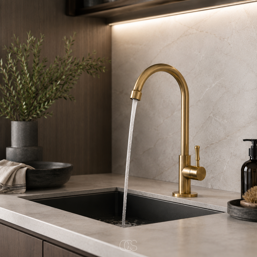 Mitigeur de cuisine rétro pivotant en laiton patiné avec bec haut pour évier encastré style vintage classique | Koossa