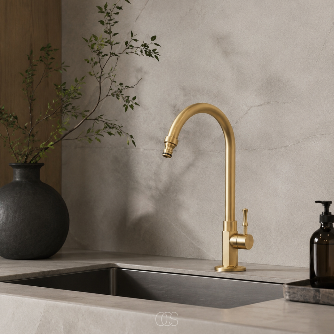 Mitigeur de cuisine rétro pivotant en laiton patiné avec bec haut pour évier encastré style vintage classique | Koossa