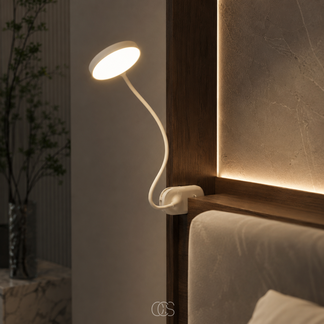 Lampe à pince rechargeable col flexible 360° sans fil LED blanc lumière lecture bureau chevet nomade portable | Koossa