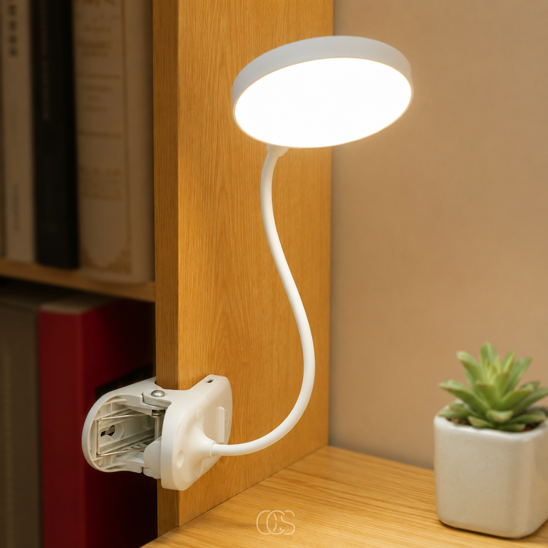 Lampe à pince rechargeable col flexible 360° sans fil LED blanc lumière lecture bureau chevet nomade portable | Koossa