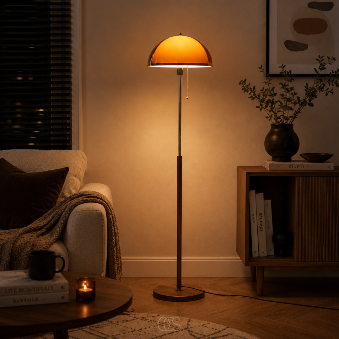 Lampadaire champignon vintage avec interrupteur à cordon en métal chromé et bois massif pour salon ou chambre | Koossa