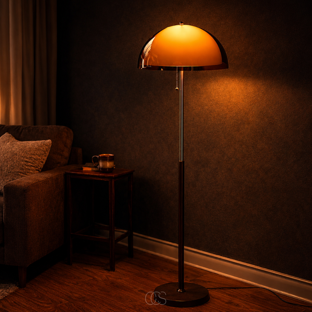 Lampadaire champignon vintage avec interrupteur à cordon en métal chromé et bois massif pour salon ou chambre | Koossa