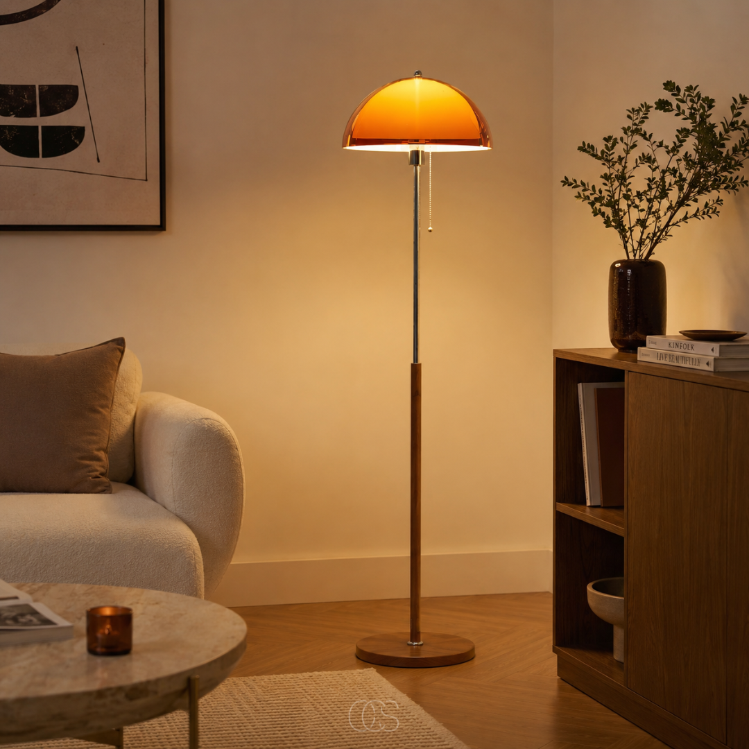 Lampadaire champignon vintage avec interrupteur à cordon en métal chromé et bois massif pour salon ou chambre | Koossa