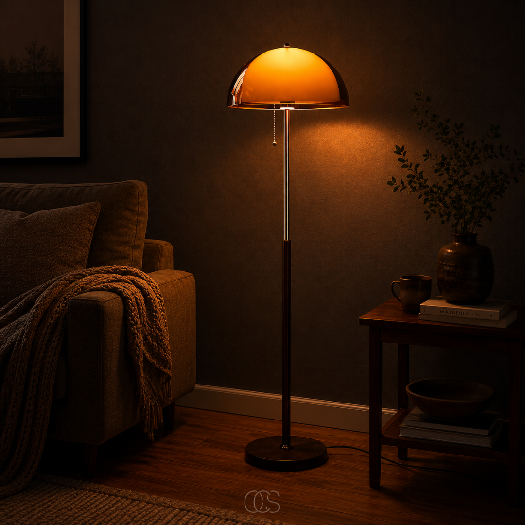 Lampadaire champignon vintage avec interrupteur à cordon en métal chromé et bois massif pour salon ou chambre | Koossa