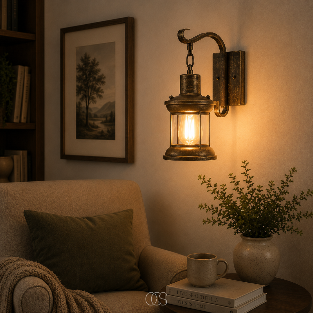 Applique murale lanterne vintage en métal et verre finition bronze avec bras courbe pour hall entrée salon | Koossa