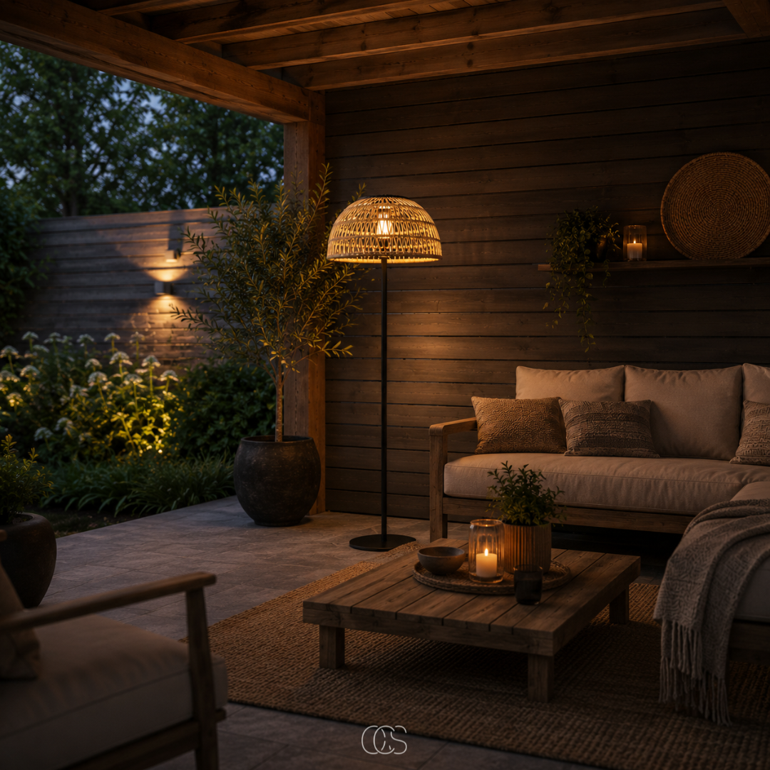 Lampadaire solaire tressé rotin effet naturel 129 cm sans fil rechargeable pour jardin terrasse balcon extérieur | Koossa