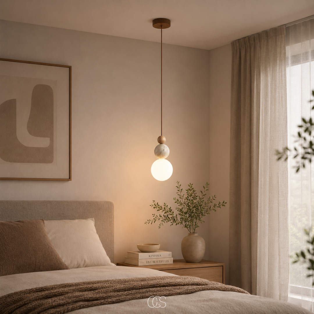 Suspension globe en travertin et verre soufflé pour éclairage d'ambiance minimaliste style Japandi contemporain | Koossa