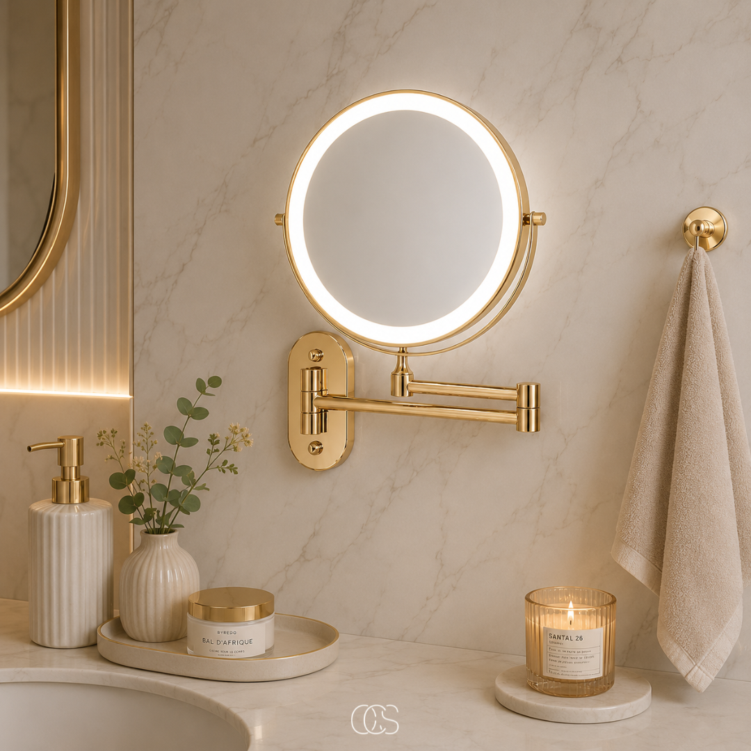 Miroir grossissant mural LED rechargeable pivotant 360° pour salle de bains et beauté en acier argenté | Koossa