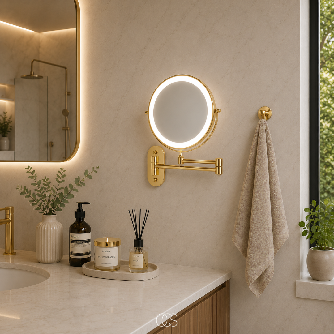 Miroir grossissant mural LED rechargeable pivotant 360° pour salle de bains et beauté en acier argenté | Koossa